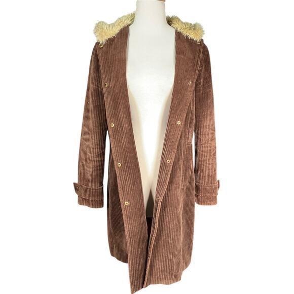 Nine West brown corduroy hooded Wide Whale lined trench Y2K large cotton Retro - Picture 3 of 11